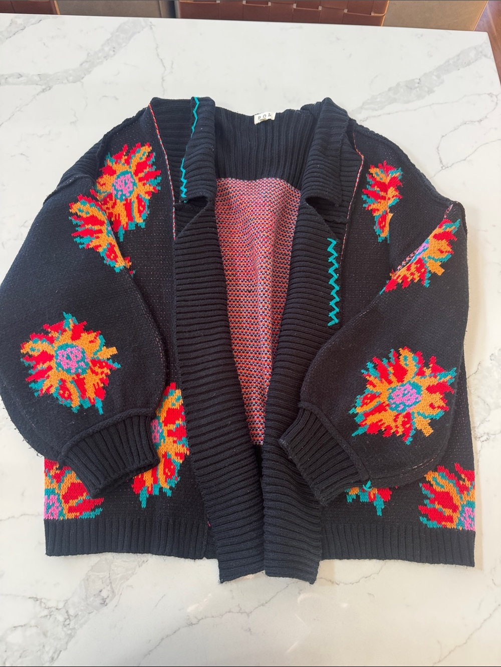 POL Black Open-Front Cardigan with Multicolor Floral Intarsia